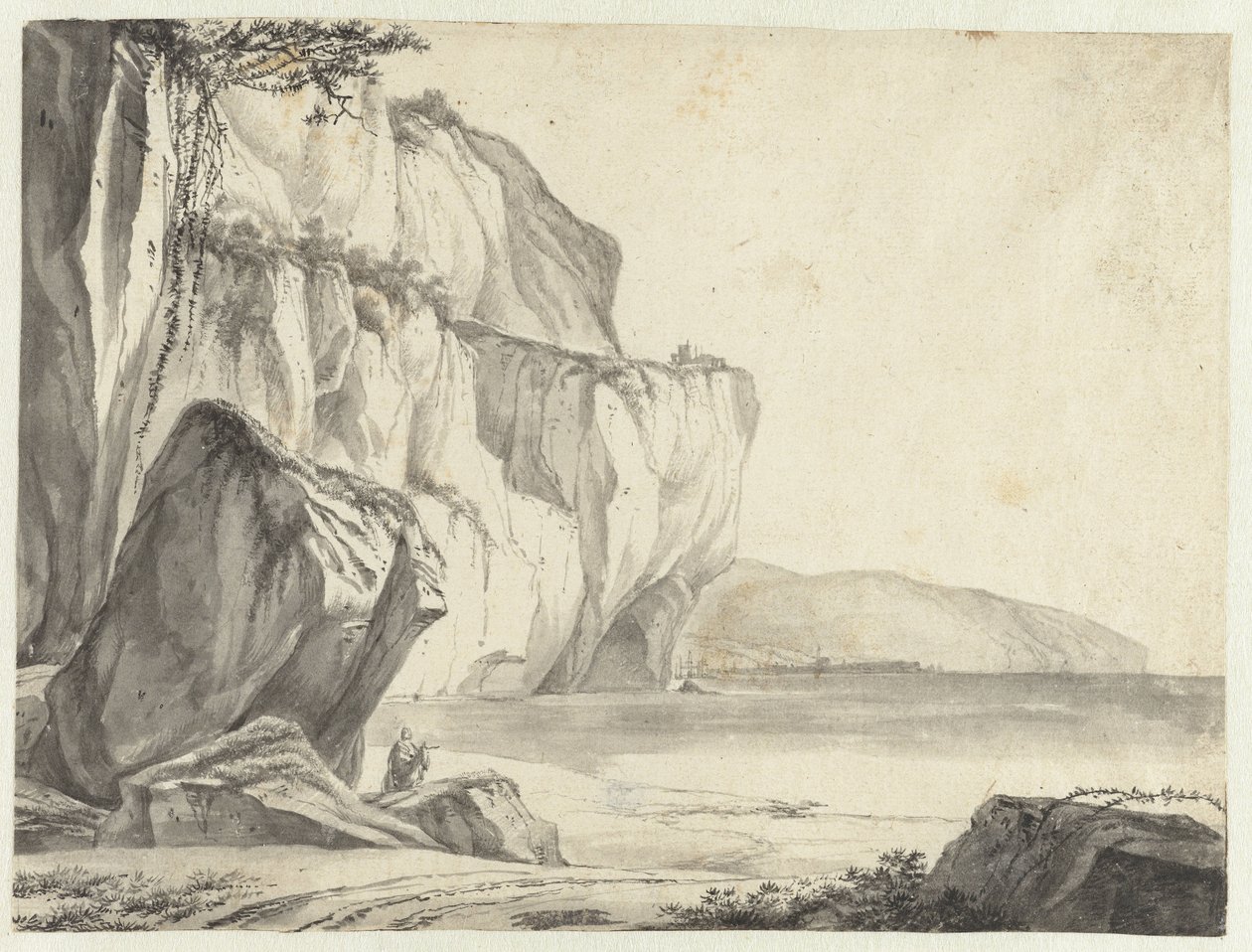 Kystutsikt med steiner som reiser seg opp av vannet av Jan Asselijn (attributed to)