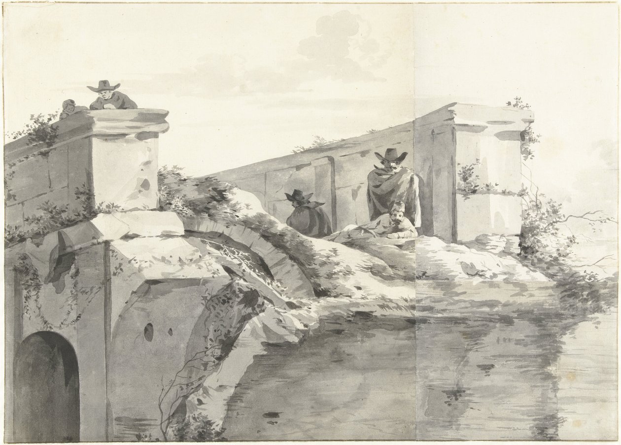 Utsikt over kanten av Ponte Rotto i Roma av Jan Asselijn (copy after)