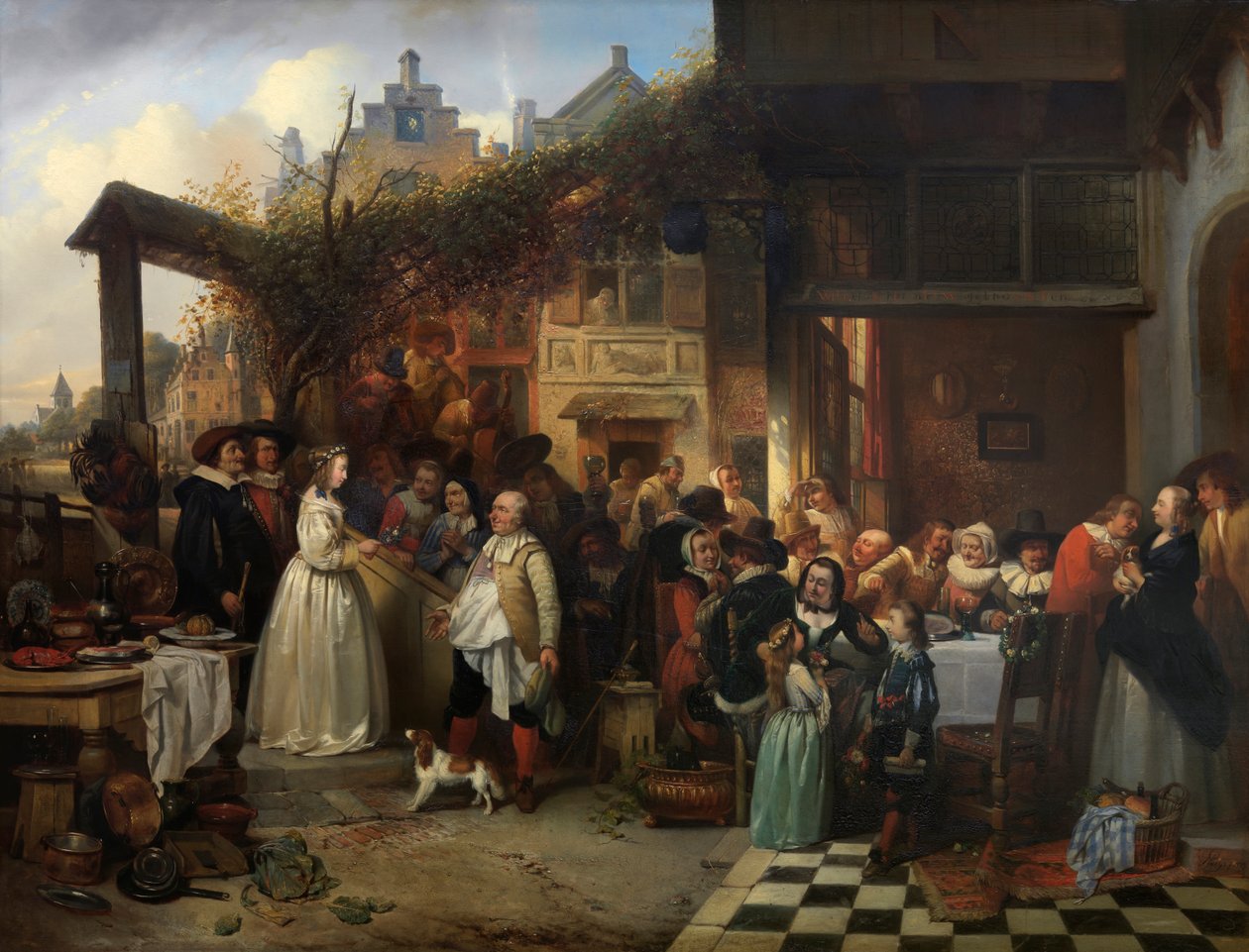 Bryllup i Flandern i det syttende århundre (olje på panel) av Jan August Hendrik Baron Leys