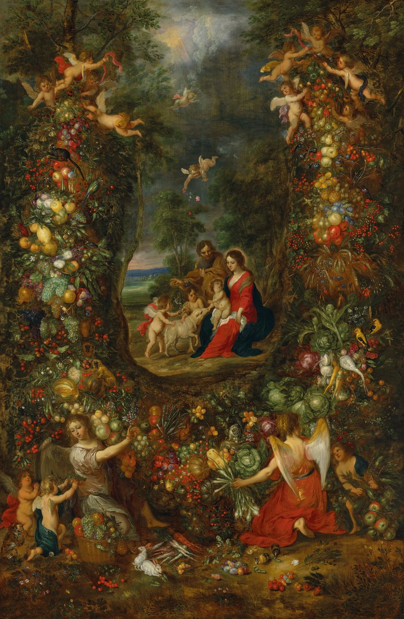 Den hellige familie omgitt av en fruktkrans støttet av putti (olje på panel) av Jan & Balen Hendrik van (1575-1632) Brueghel