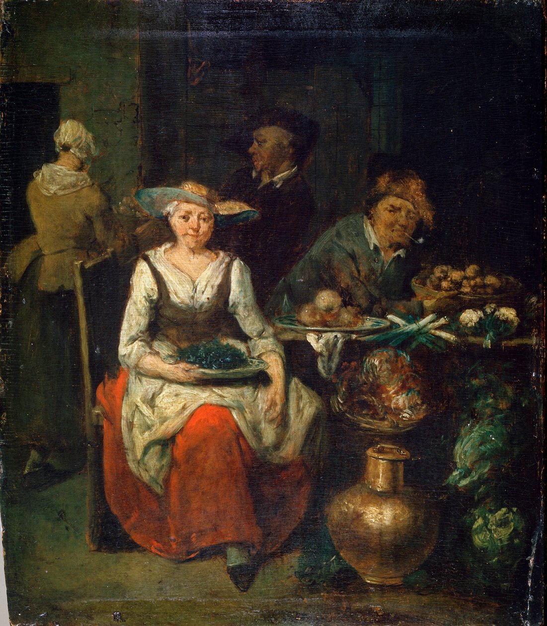 Hos en grønnsakshandler, ca 1700-1730. flamsk maleri av Jan Baptist Lambrechts