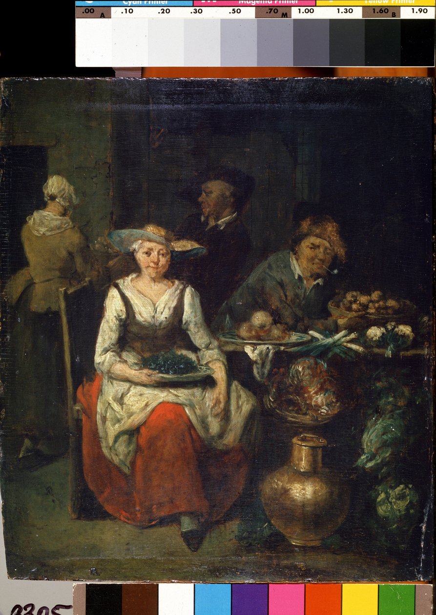 Hos frukt- og grønnsakshandleren (Hos en Grønnsakshandler). Maleri av Jan Baptist Lambrechts (1680-1731). flamsk kunst. Olje på tre. Statens M. Ciurlionis kunstmuseum, Kaunas av Jan Baptist Lambrechts