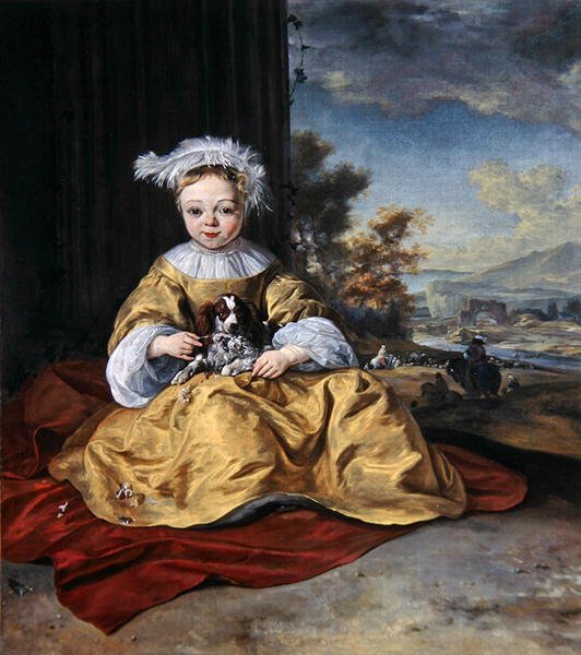 Et barn i en gul kjole som holder en hund (olje på lerret) av Jan Baptist Weenix