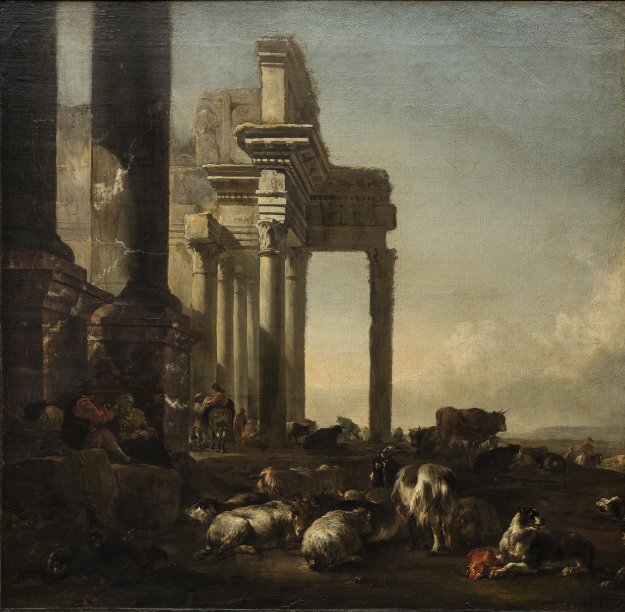 Et italiensk landskap med bønder, storfe og sauer ved klassiske ruiner, ca. 1650-tallet (olje på lerret) av Jan Baptist Weenix