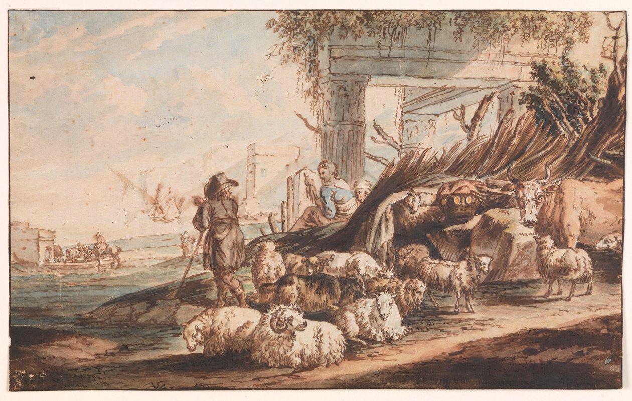 Hyrde med en saueflokk og en ku blant ruiner av Jan Baptist Weenix