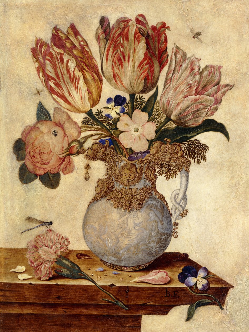 Tulipaner, forglemmigei, peoner og andre blomster i en vase på en avsats, av Jan Baptist van Fornenburgh