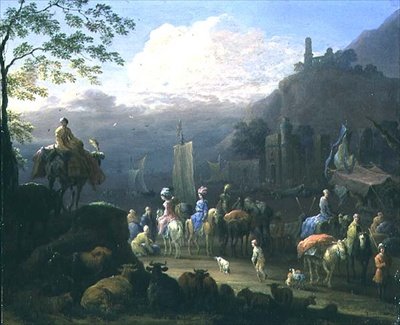 En gruppe reisende nær en havn (olje på kobber) av Jan Baptist van der Meiren