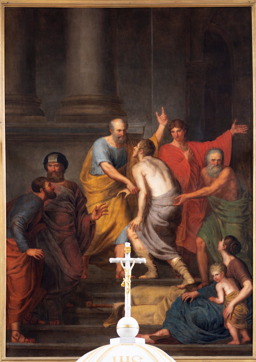 Innefra, høyalteret, maleriet "Petrus og Johannes hjelper en lam ved templet", Jan De Landtsheer av Jan Baptiste de Landtsheer