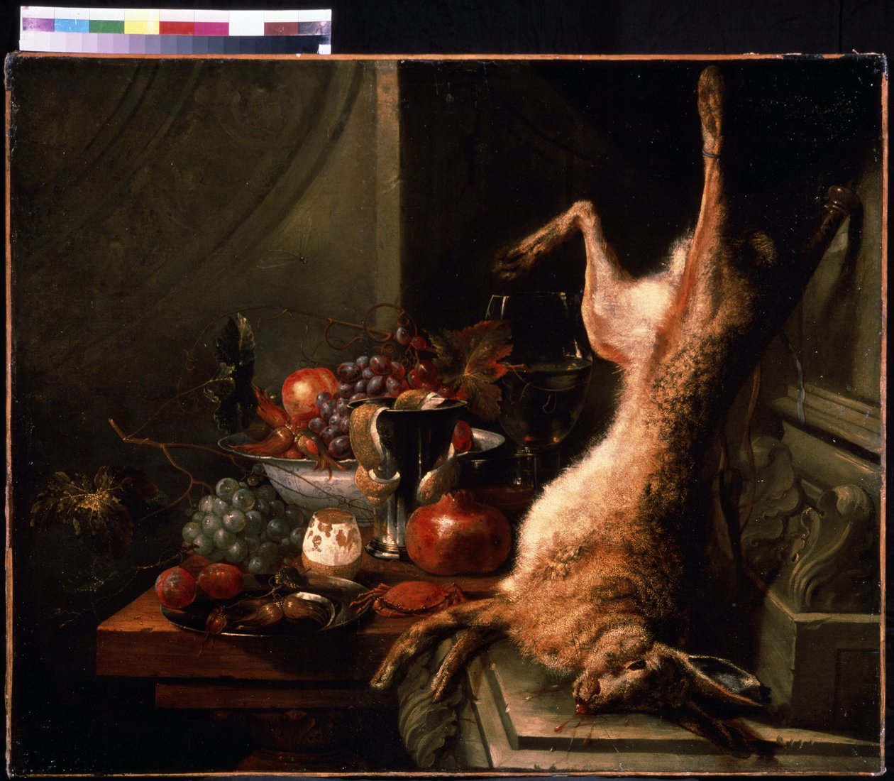 Stilleben med en hare. Krabbestilleben med hasselnøtt og sitron med skrelt skall (skall). Maleri av Jan Baptiste van Moerkerke (1660-1689). Olje på lerret, flamsk kunst. Pushkin Museum of Fine Arts, Moskva av Jan Baptiste van Moerkerke