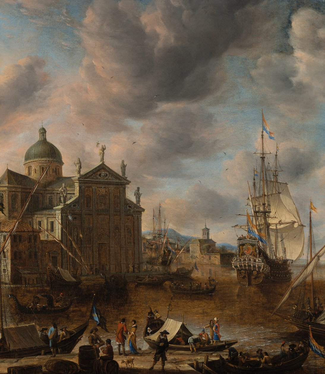 En middelhavs "capriccio"-havn med skikkelser som samtaler på en kai og en nederlandsk tre-master fortøyning bortenfor, 1665 av Jan Beerstraten