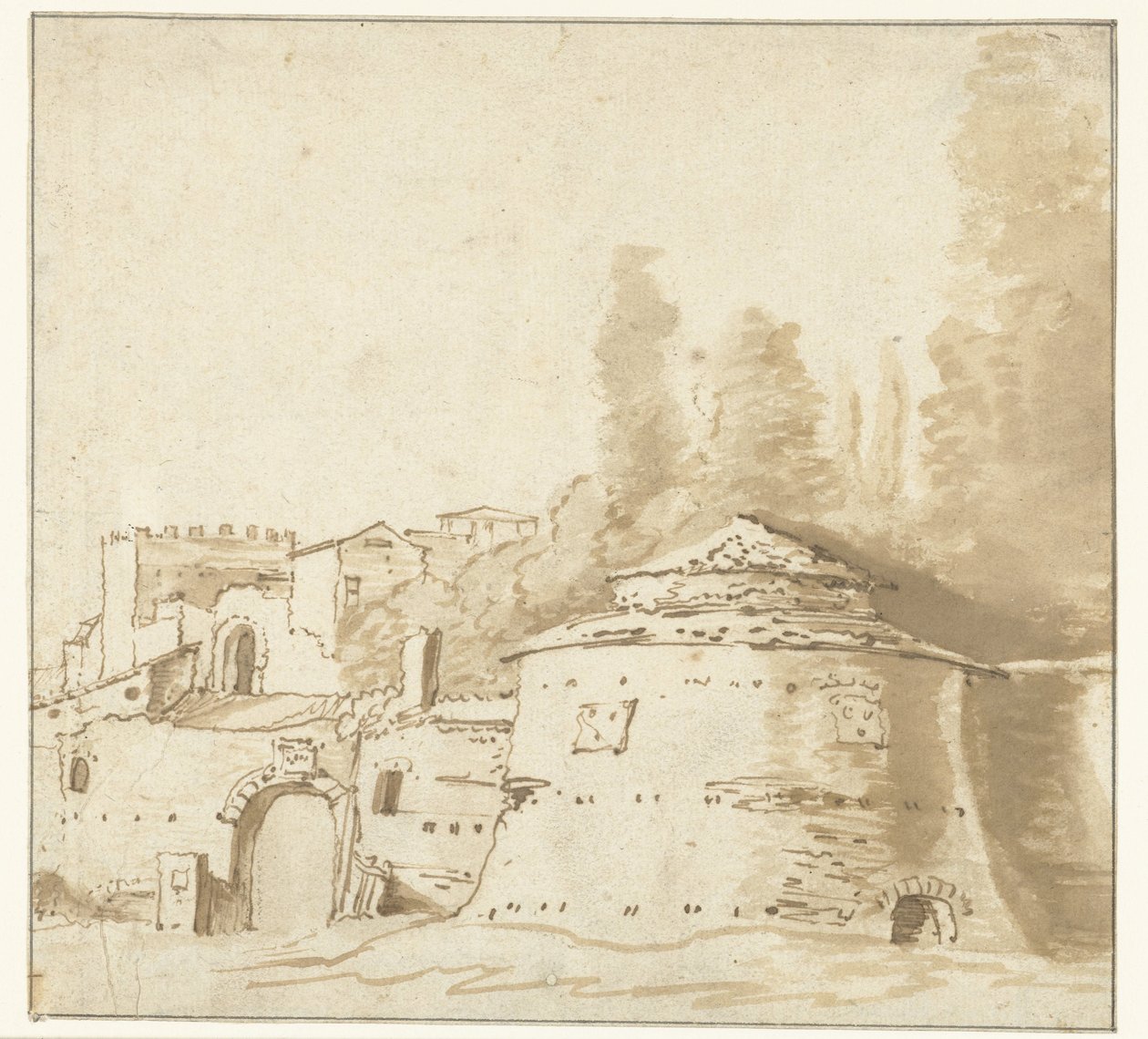 Italiensk bygning med tungt rundt tårn av Jan Both (attributed to)