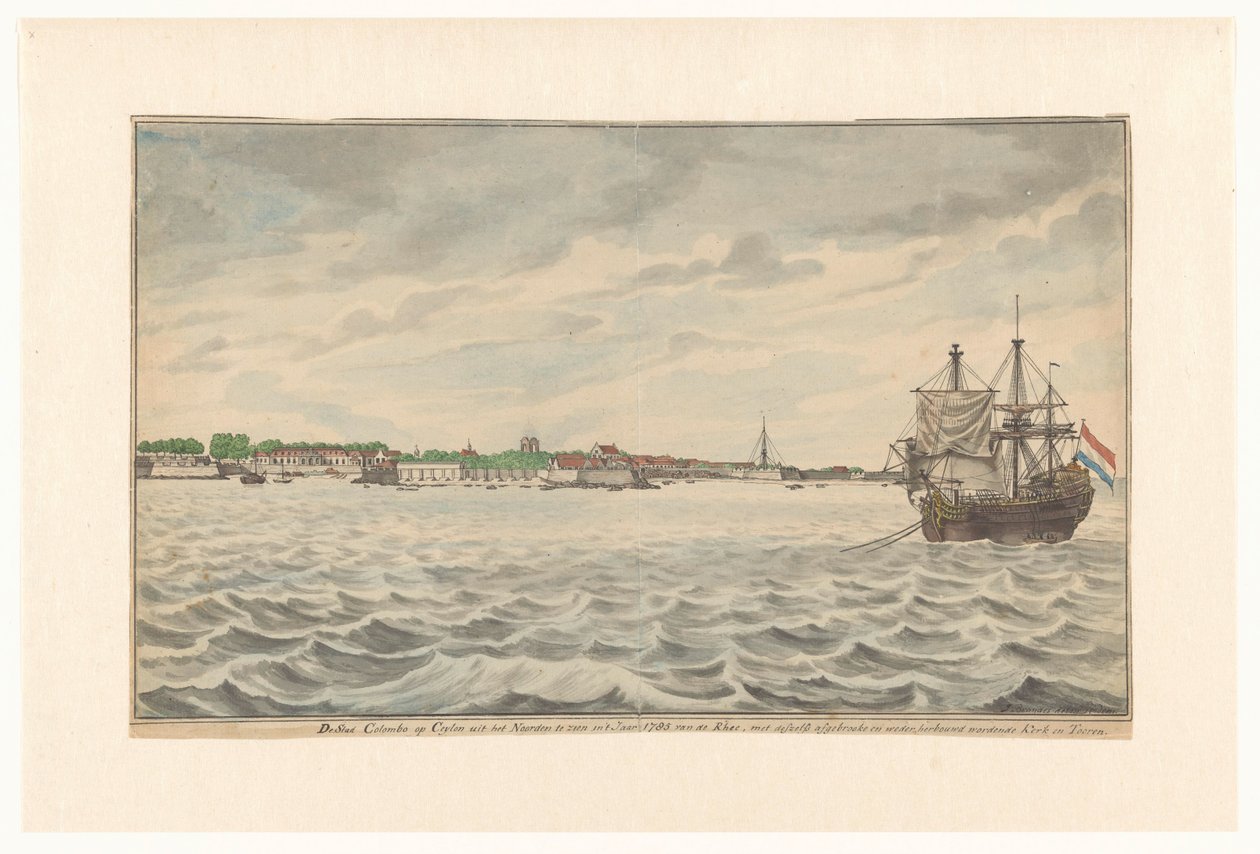 Byen Colombo i Ceylon sett fra nord i år 1785 fra veiene, med dens revne kirke og tårn, som ble gjenoppbygd. (tittel på objekt) av Jan Brandes (signed by artist)