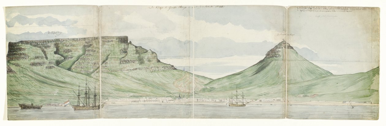 Table Mountain og Cape Town sett fra havet Kapp det gode håp slik det så ut Ao. 1787 (tittel på objekt) av Jan Brandes