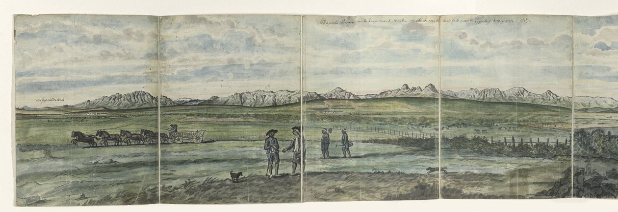 Panorama over Hottentots Holland Kaapsche Bergen fra Kapp til nord som strekker seg fra Baay-fals til Tygerberg over. 1787 (tittel på objekt) av Jan Brandes