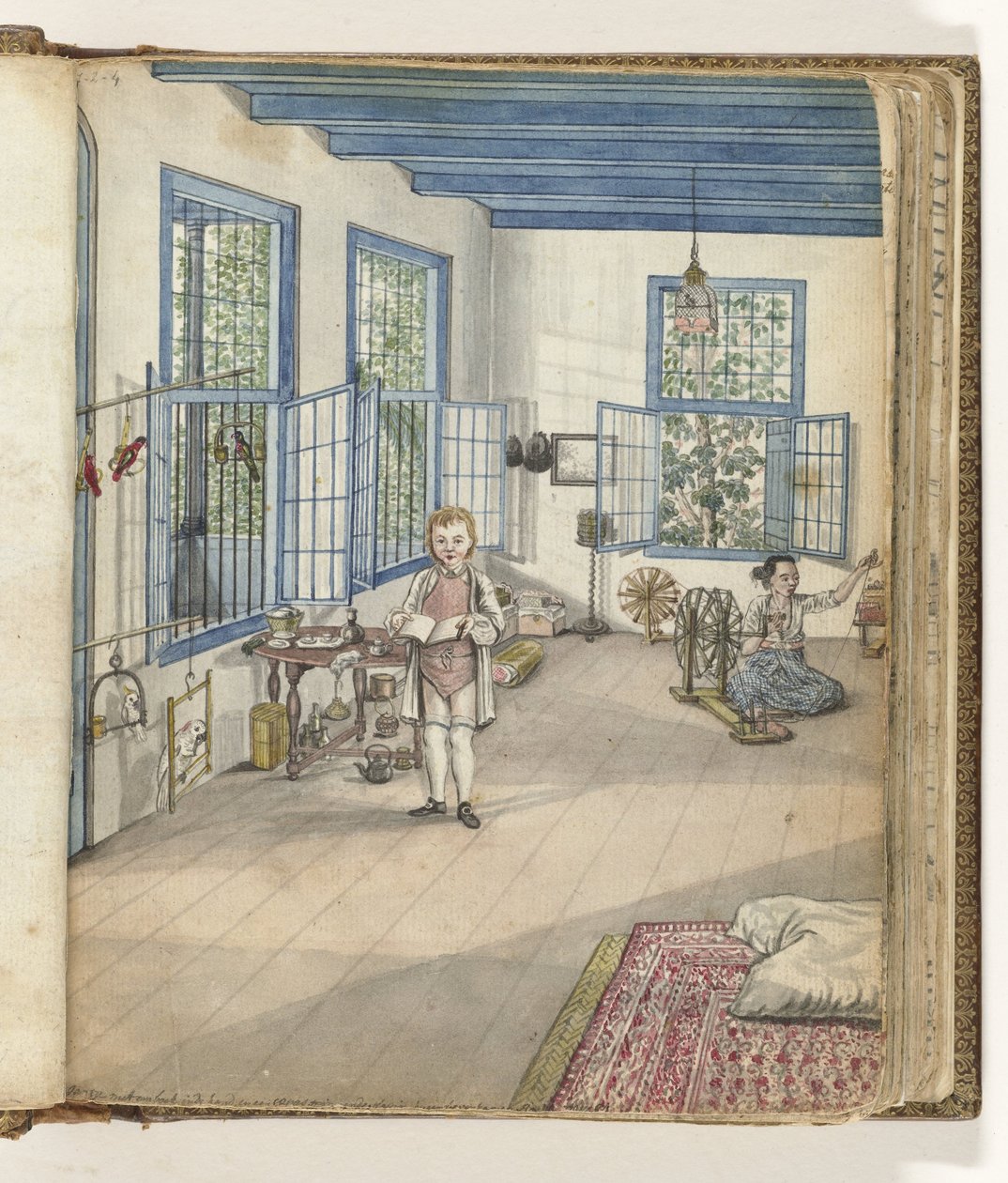 Stue med sønnen Jantje og Flora, en slavebundet kvinne, ved et snurrehjul av Jan Brandes