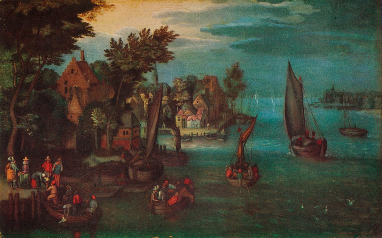 'En travel elvescene med nederlandske fartøyer og en ferge', c1605 av Jan Bruegel The Elder