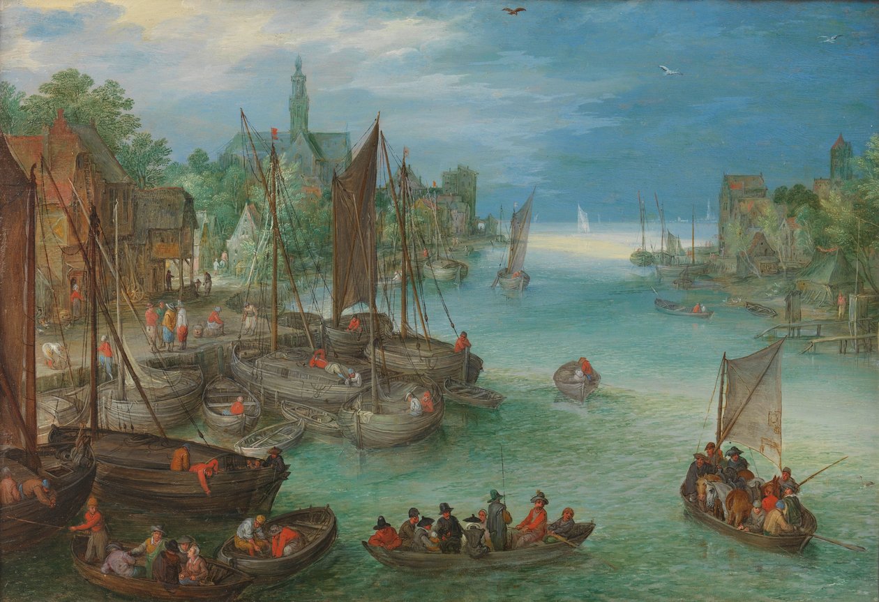 Utsikt over en by langs en elv Utsikt over en by ved en elv av Jan Brueghel (I) (attributed to)