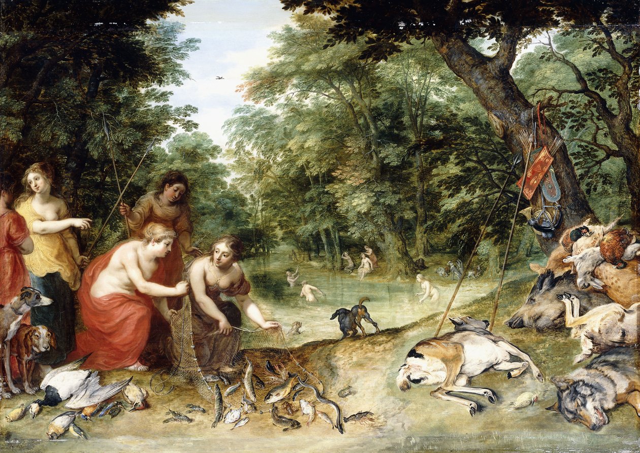 En allegori over elementene, jord, luft og vann: Nymfer som bader i en skogkledd glede med jakttroféer i nærheten, ca. 1621 av Jan Brueghel the Elder