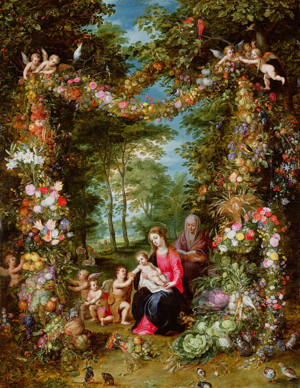 Jomfruen og barnet med spedbarnet døperen Johannes, den hellige Anne og engler, omgitt av en krans av blomster og frukt av Jan Brueghel the Elder