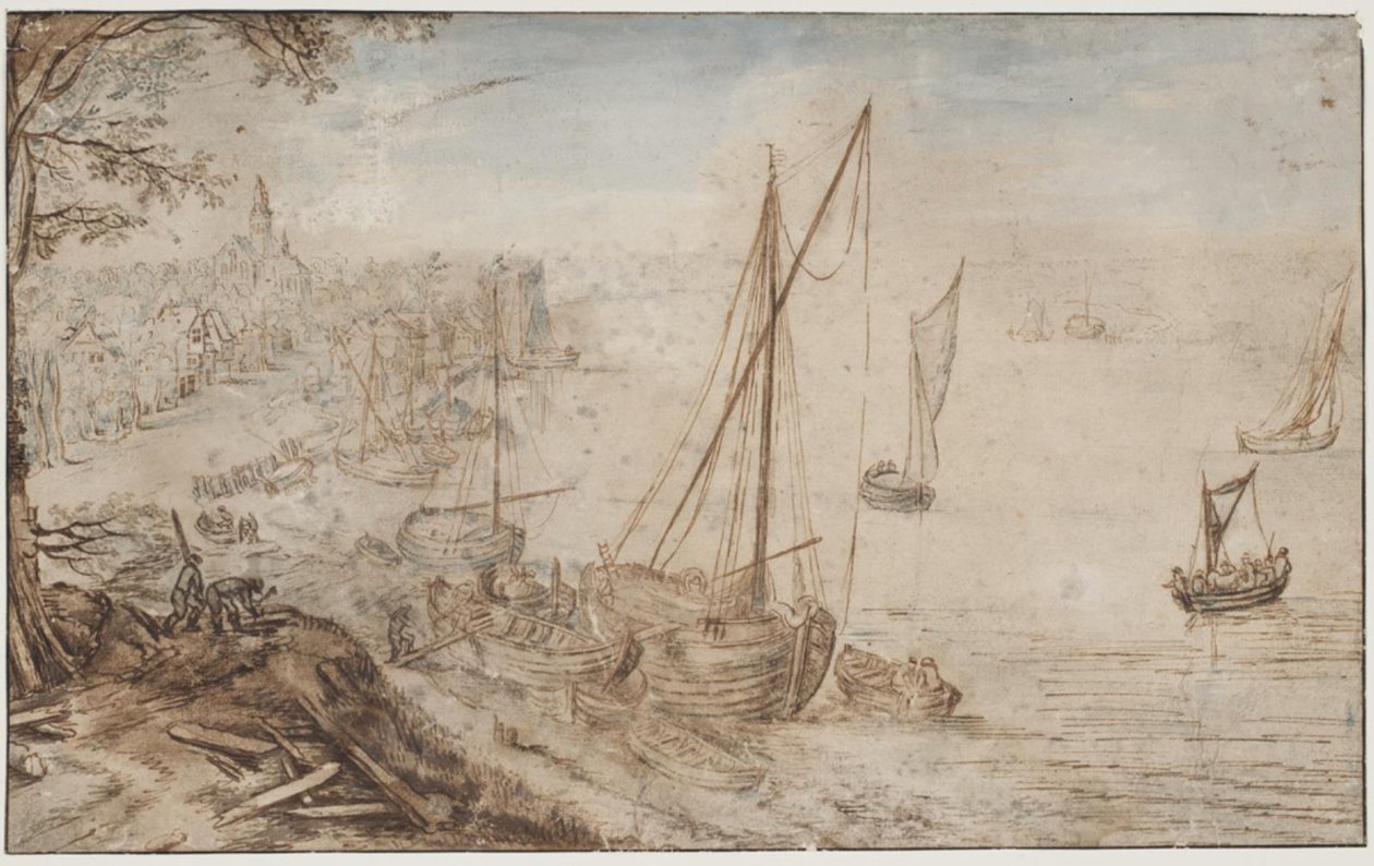 Elvelandskap. I forgrunnen en båt som lastes og menn som skjærer planker av Jan Brueghel d.Æ.