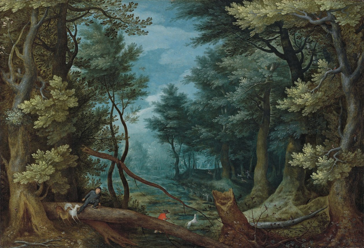 Et skoglandskap med jegere som jager en hjort av Jan Brueghel the Elder