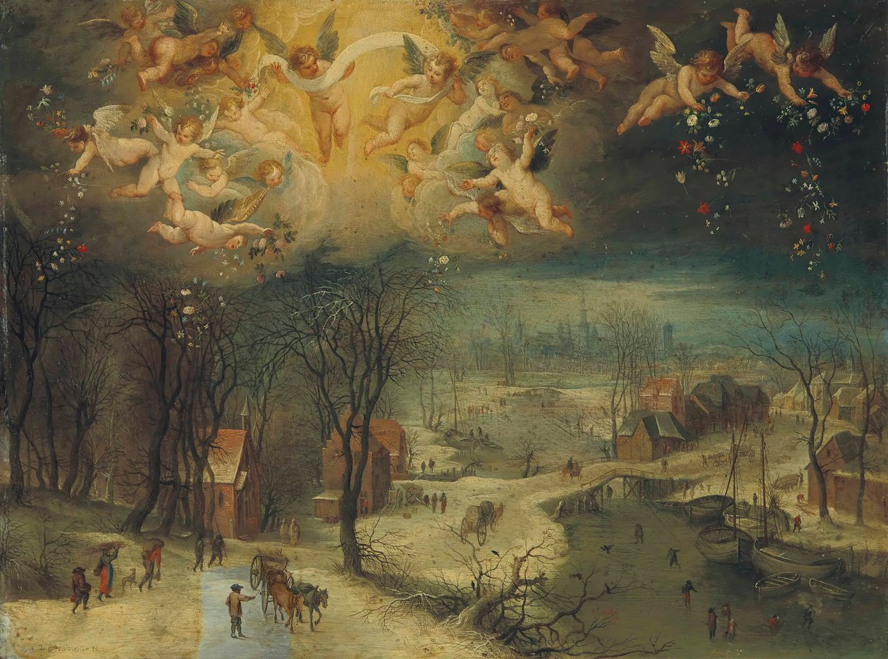 Et vinterlandskap med landsbyboere som samler ved og skatere på en frossen elv..., første tredjedel av 17 av Jan Brueghel the Elder