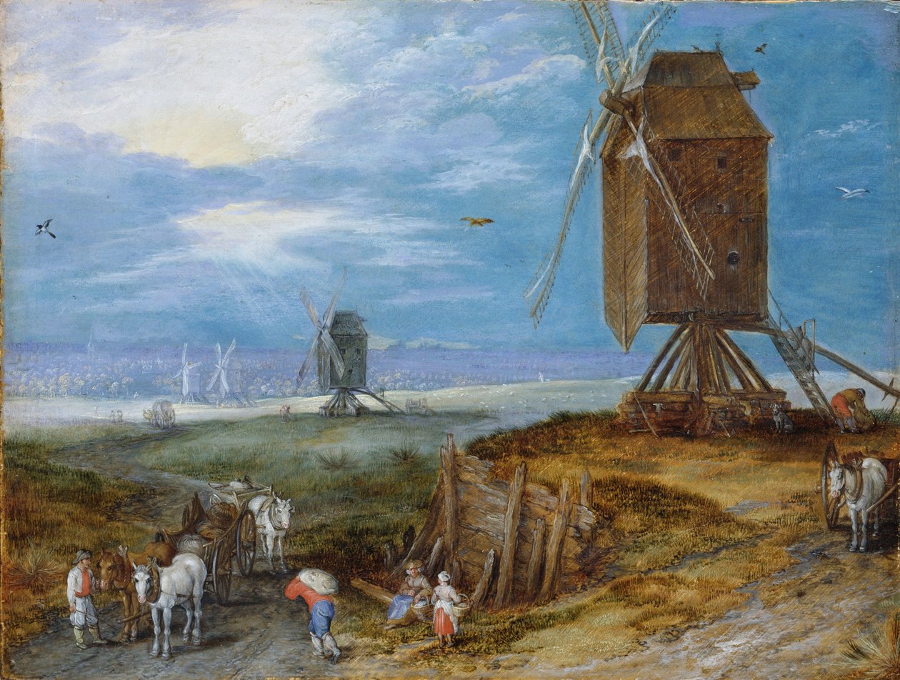 Omfattende landskap med møller, bønder og vogner i forgrunnen av Jan Brueghel the Elder