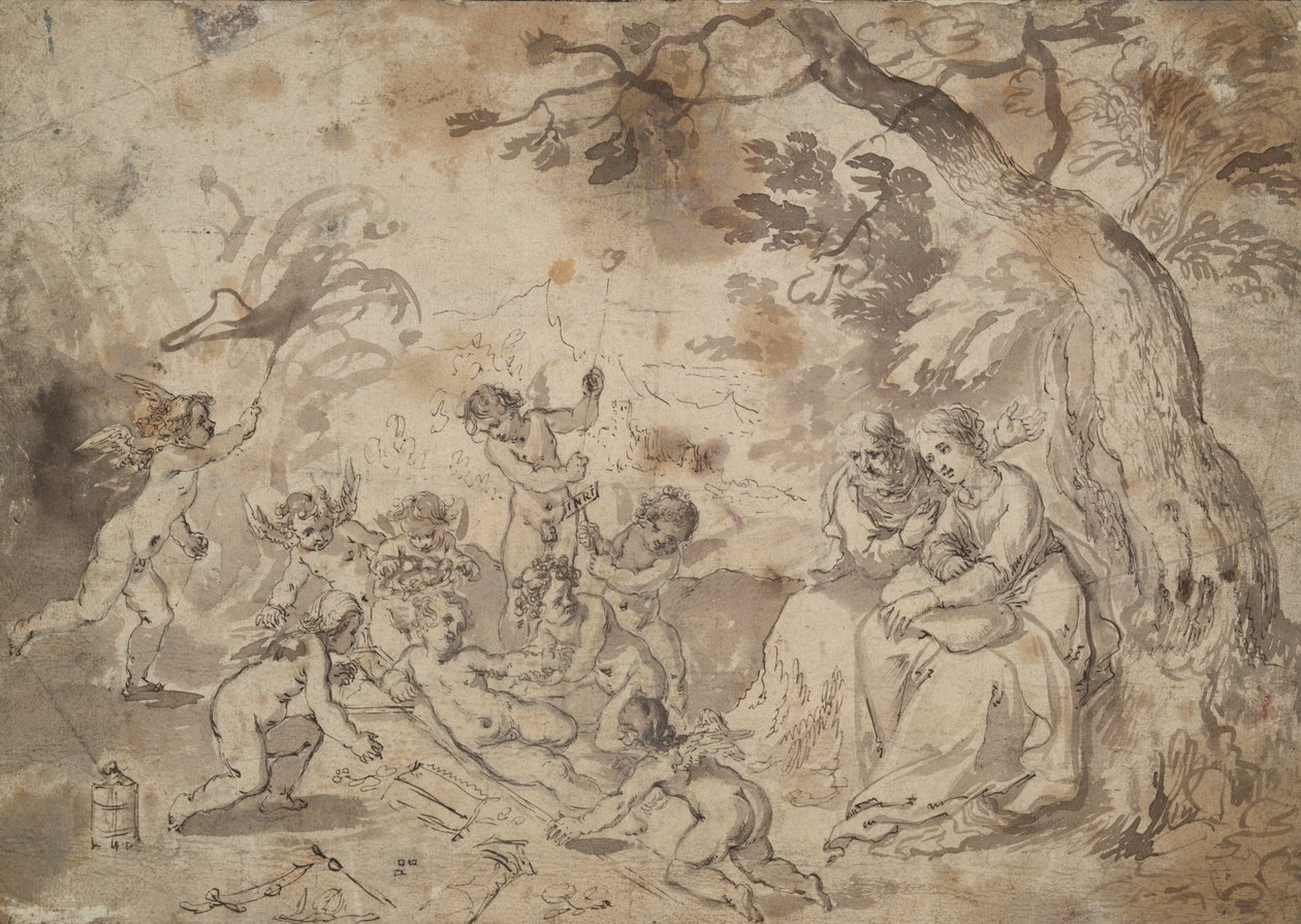 Jomfru Maria og St. Josef og Kristusbarnet, St. Johannes og engler som leker med lidenskapens instrumenter av Jan Brueghel the Elder