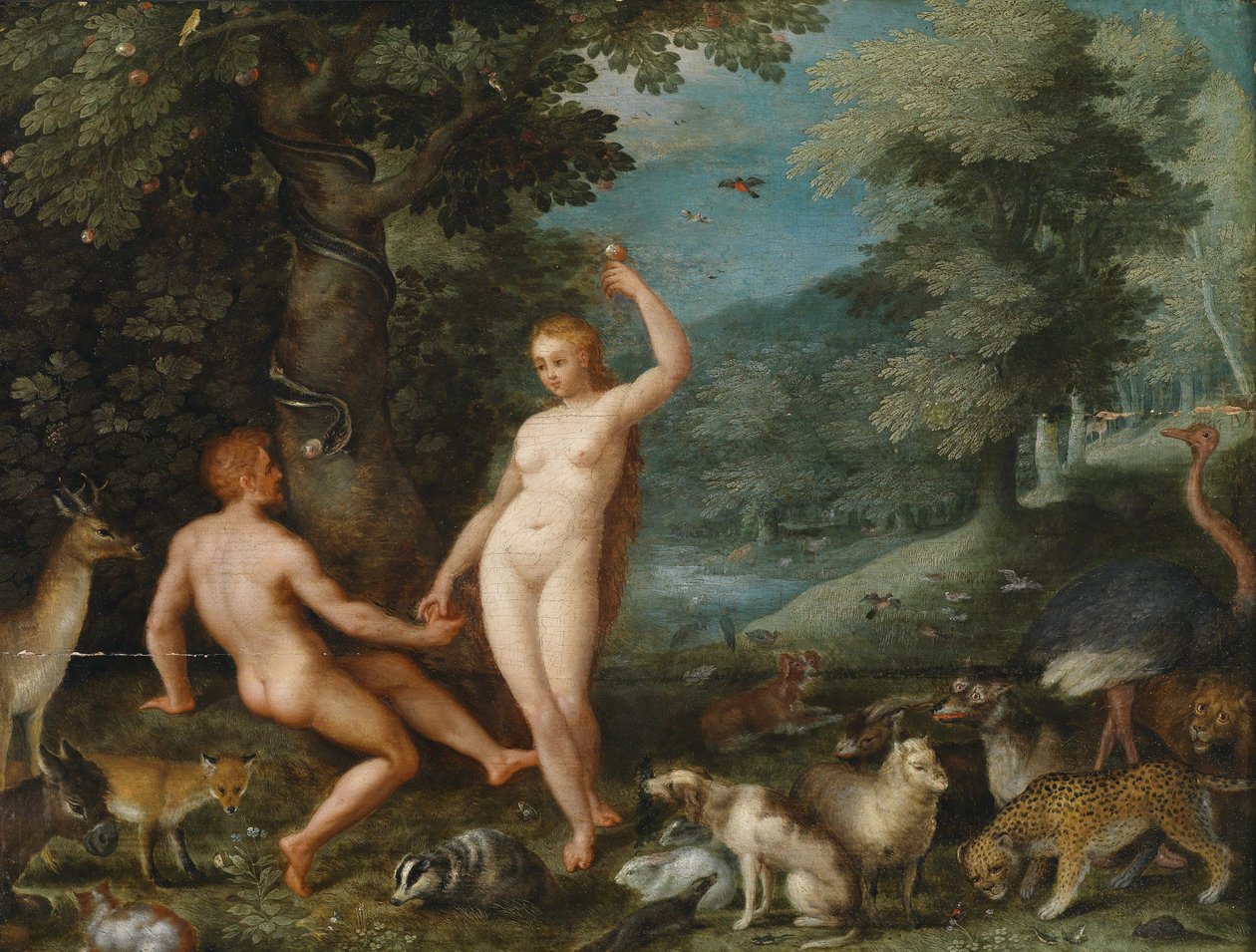Paradislandskap med Eva som frister Adam av Jan Brueghel the Younger