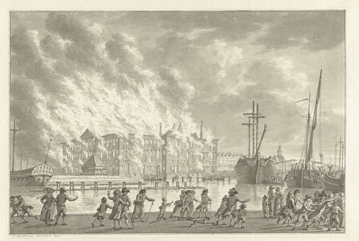 Fire in the Lands Zeemagazijn, 1791 av Jan Bulthuis (signed by artist)