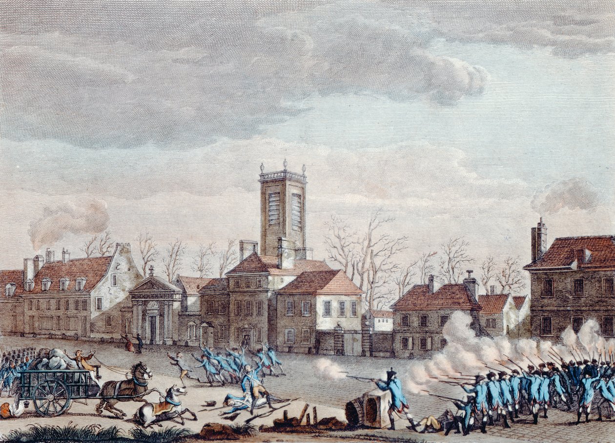 Kamp foran Eglise de la Chapelle, Paris. mellom vokterne av barrierene til Fermiers Generaux og de revolusjonære 24. januar 1791, ca. 1795 av Jan Bulthuis