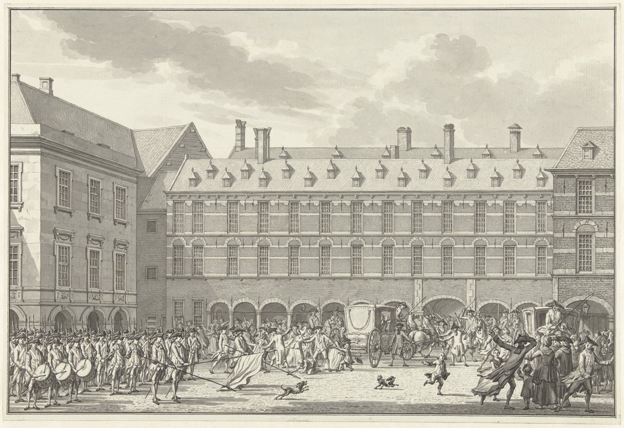 Forstyrrelser da deputatene i Dordrecht kjører gjennom Stadhouderspoort på Binnenhof, 1786 av Jan Bulthuis