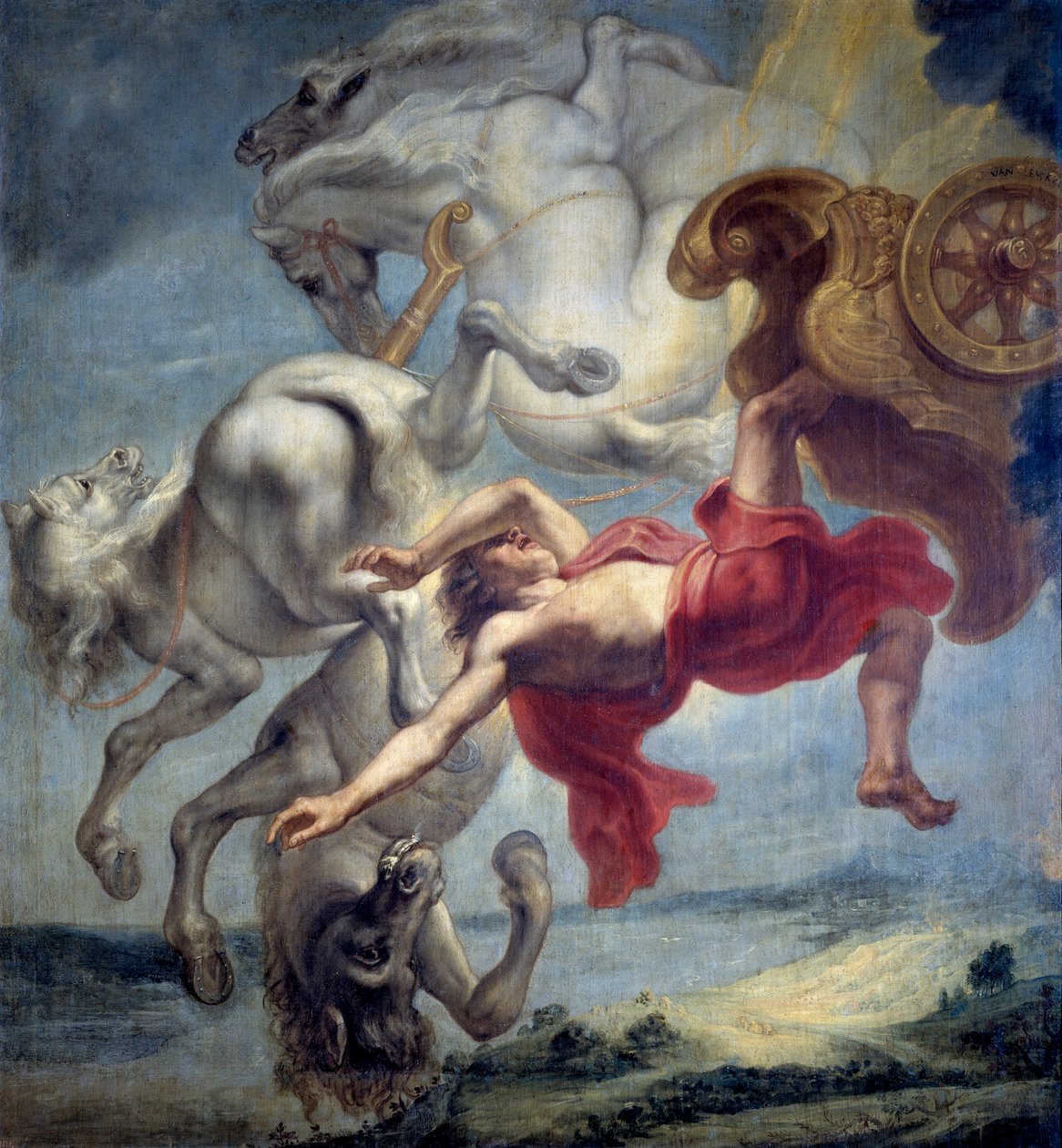 Phaetons fall: ute av stand til å mestre vognen til Helios, Phaeton (Phaethon) blir slått ned av Zevs, og faller i Eridan-elven (The fall of Phaeton) - Maleri av Jan Carel van Eyck (1649-cirka 1690), Olje på lerret, sent på 1600-tallet, dimensjon: 197x18 av Jan Carel van Eyck