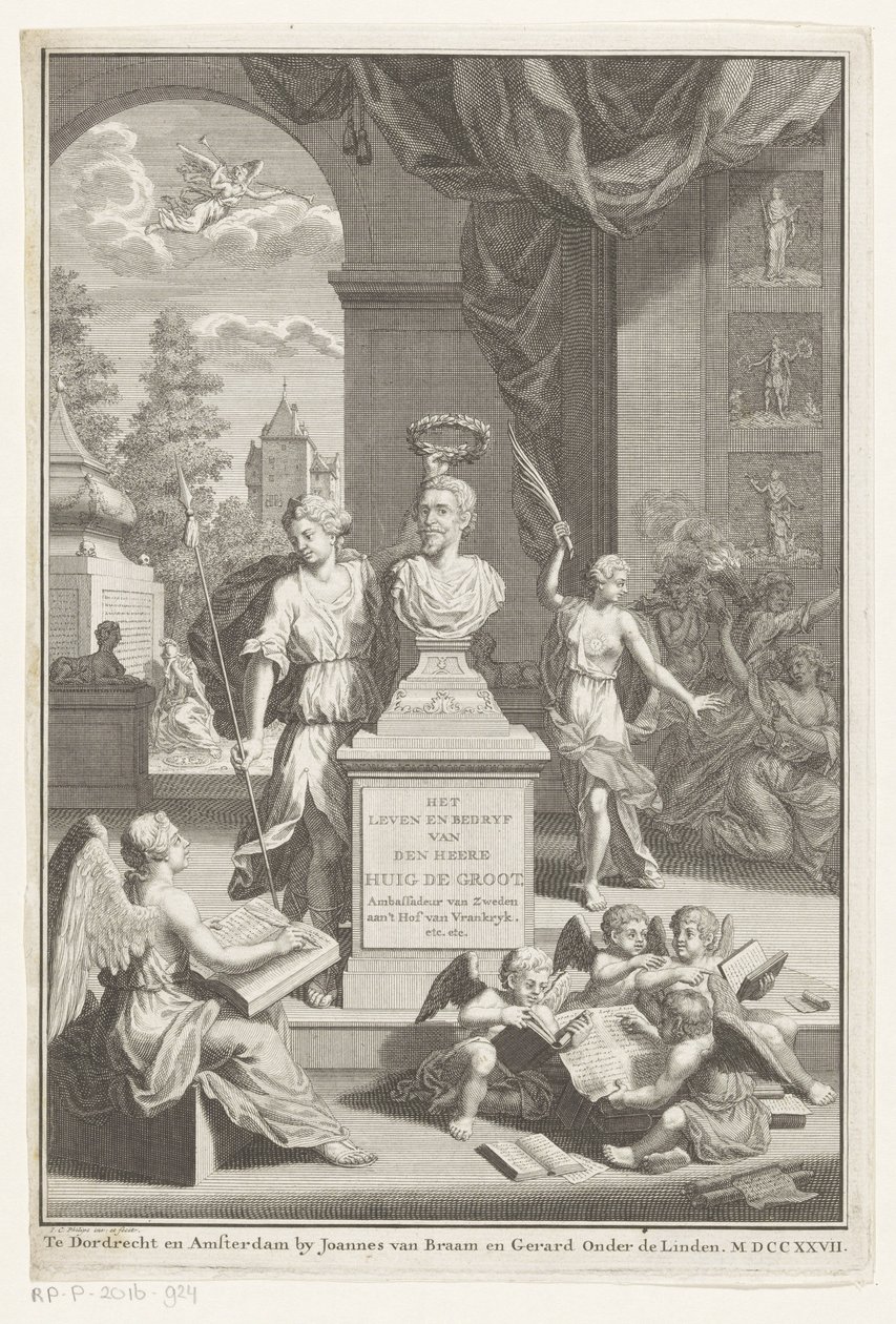 Byste av Hugo de Groot hyllet av Victoria Livet og virksomheten til Mr. Huig de Groot (tittel på objekt) Tittelside for: Caspar Brandt og Adriaan van Cattenburg, History of the life of Mr Huig de Groot, 1727 av Jan Caspar Philips