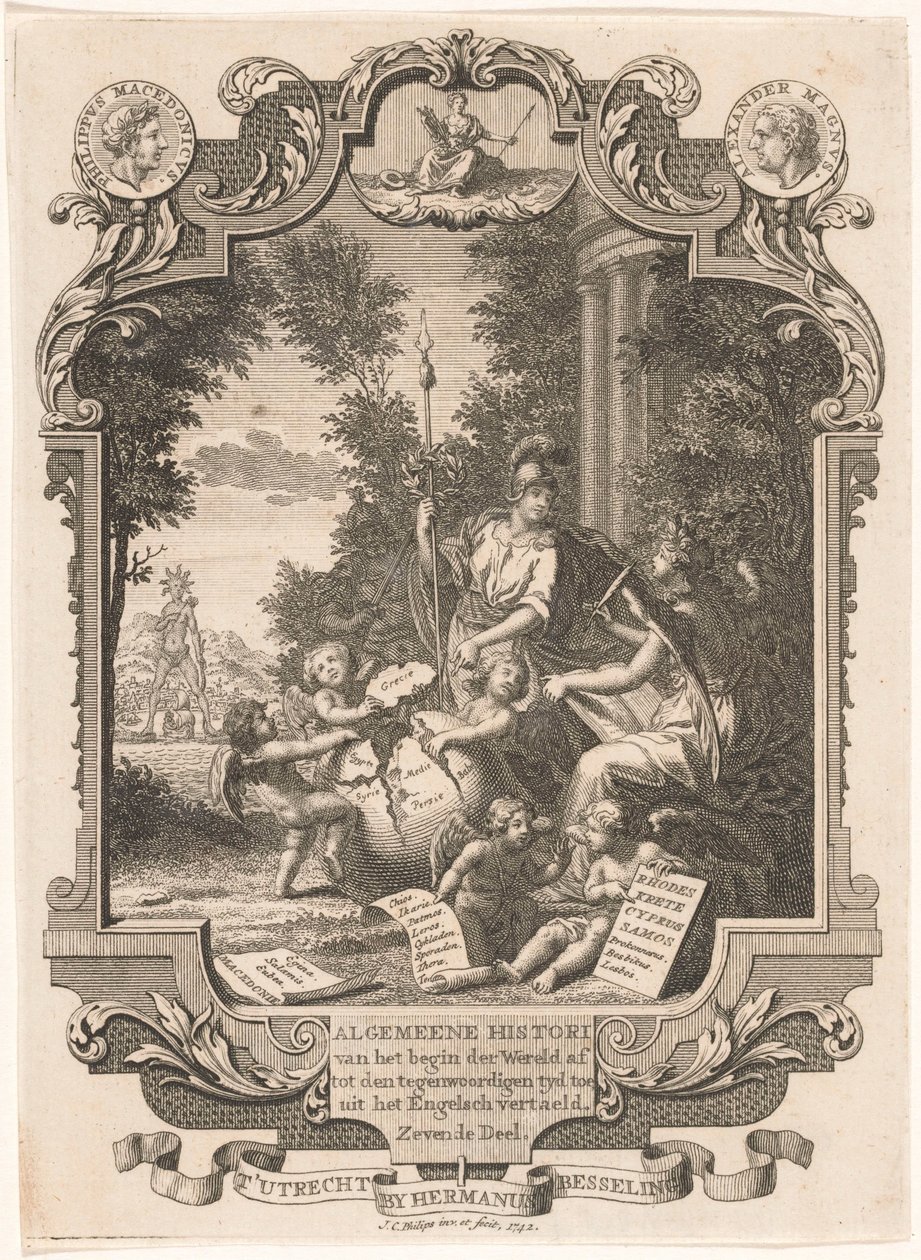 Kartusj med allegori over Hellas historie Tittelside for: Kornelis Westerbaen, Algemeene histori, 1742 av Jan Caspar Philips