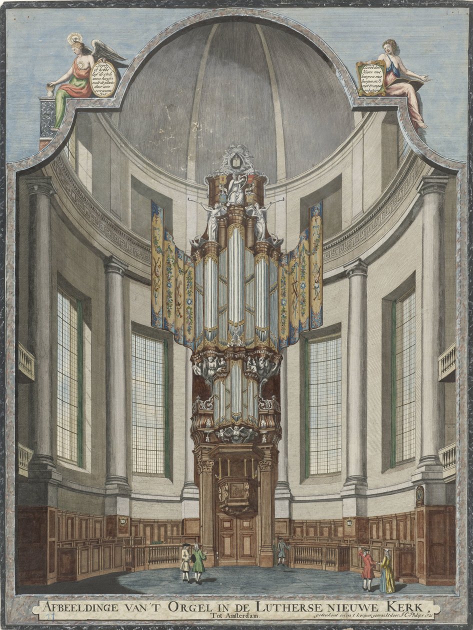 Orgel fra den nye lutherske kirke i Amsterdam Bilde av orgelet i den lutherske Nieuwe Kerk, Tot Amsterdam (tittel på objekt) av Jan Caspar Philips
