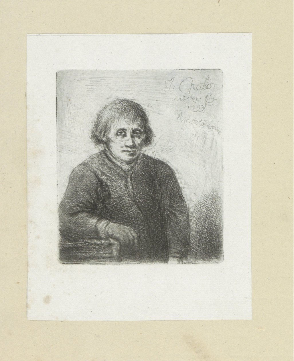 Ung mann lener seg på et bord The Compleat Work of Etchings av John Chalon / Oeuvre Complette des Eaux Fortes av Jean Chalon (serietittel) av Jan Chalon