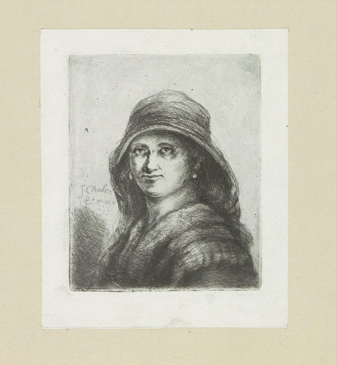 Jonge kvinne setter hette The Compleat Work of Etchings av John Chalon / Oeuvre Complette des Eaux Fortes av Jean Chalon (serietittel) av Jan Chalon