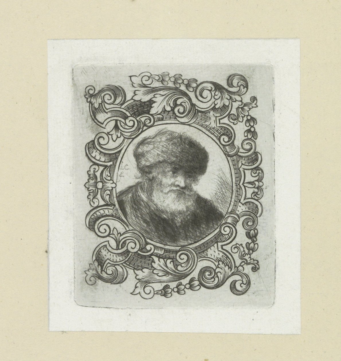 Oude mann møtte bonthoed i ornamentrand The Compleat Work of Etchings av John Chalon / Oeuvre Complette des Eaux Fortes av Jean Chalon (serietittel) av Jan Chalon