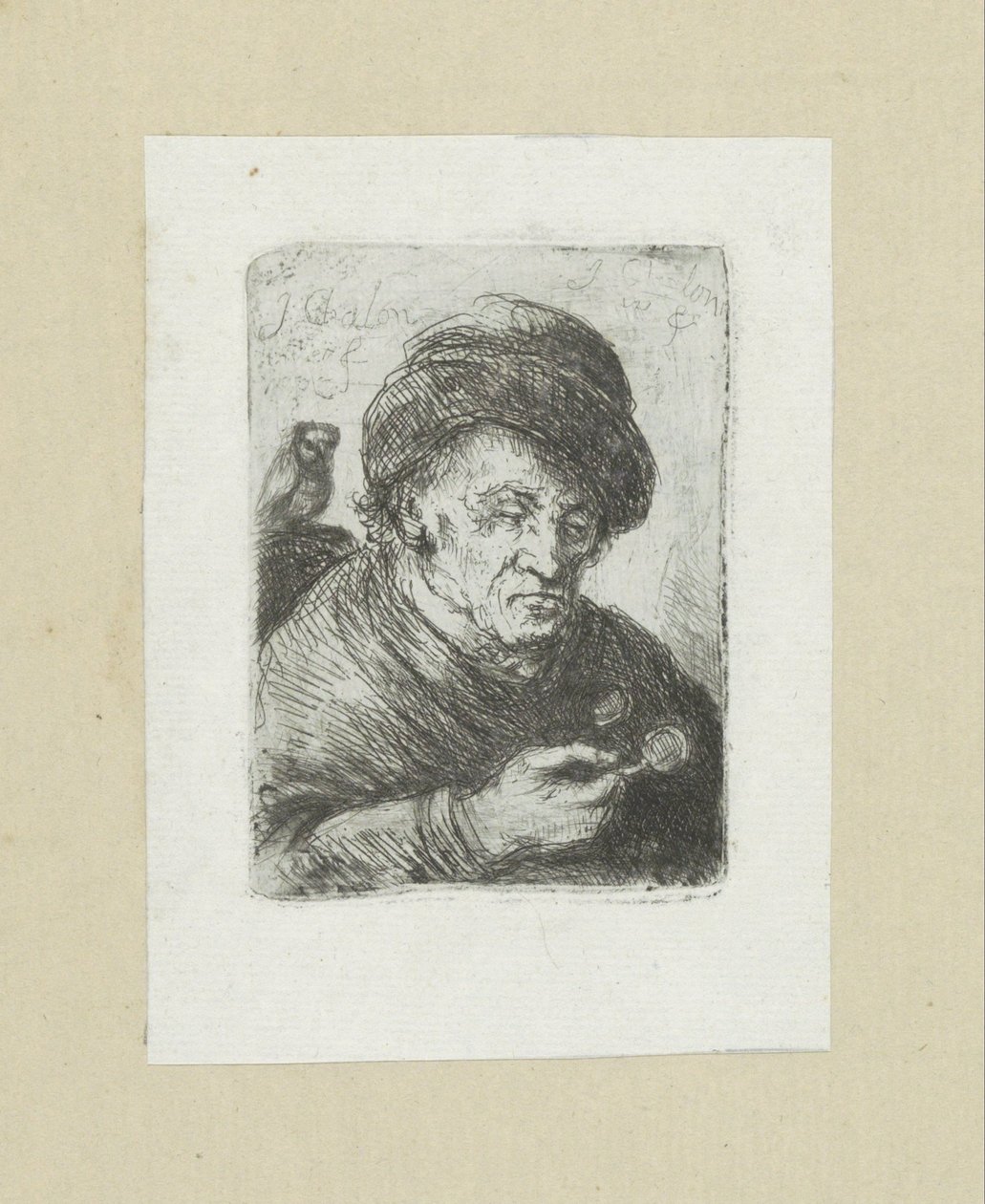 Oude mann skinner i uil The Compleat Work of Etchings av John Chalon / Oeuvre Complette des Eaux Fortes av Jean Chalon (serietittel) av Jan Chalon