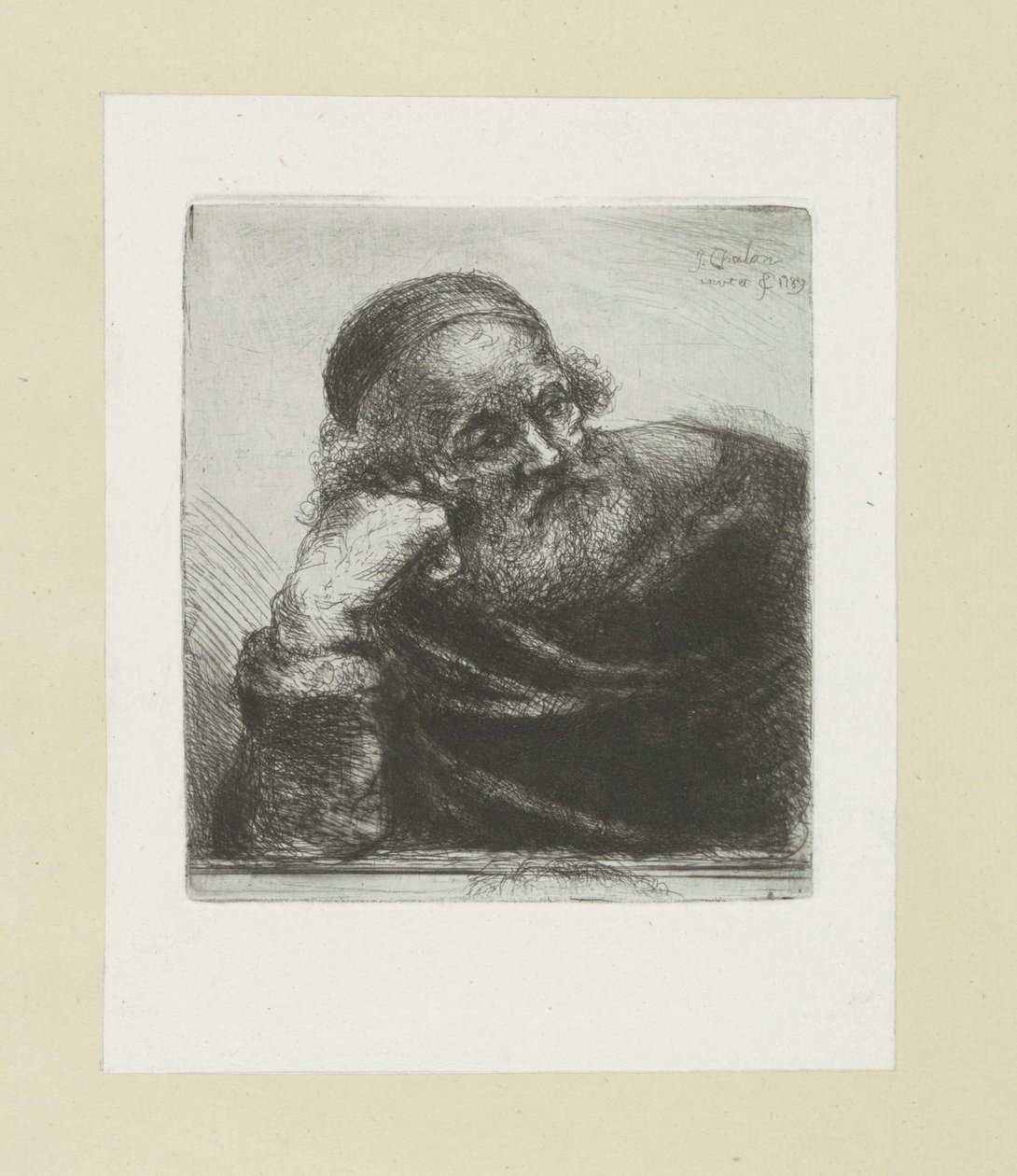Gammel mann lener seg på høyre arm The Compleat Work of Etchings av John Chalon / Oeuvre Complette des Eaux Fortes av Jean Chalon (serietittel) av Jan Chalon