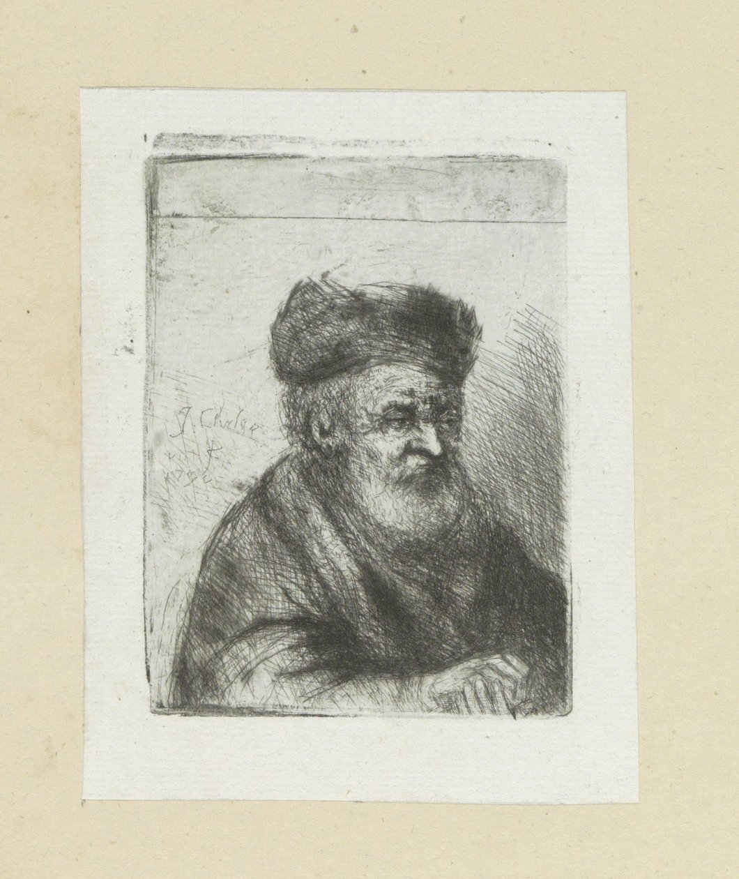 Gammel mann, hendene foldet The Compleat Work of Etchings av John Chalon / Oeuvre Complette des Eaux Fortes av Jean Chalon (serietittel) av Jan Chalon