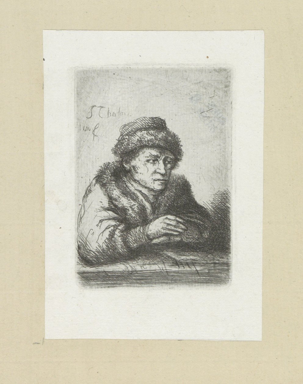 Volwassen man aan een tafel, i bontmantel The Compleat Work of Etchings av John Chalon / Oeuvre Complette des Eaux Fortes av Jean Chalon (serietittel) av Jan Chalon