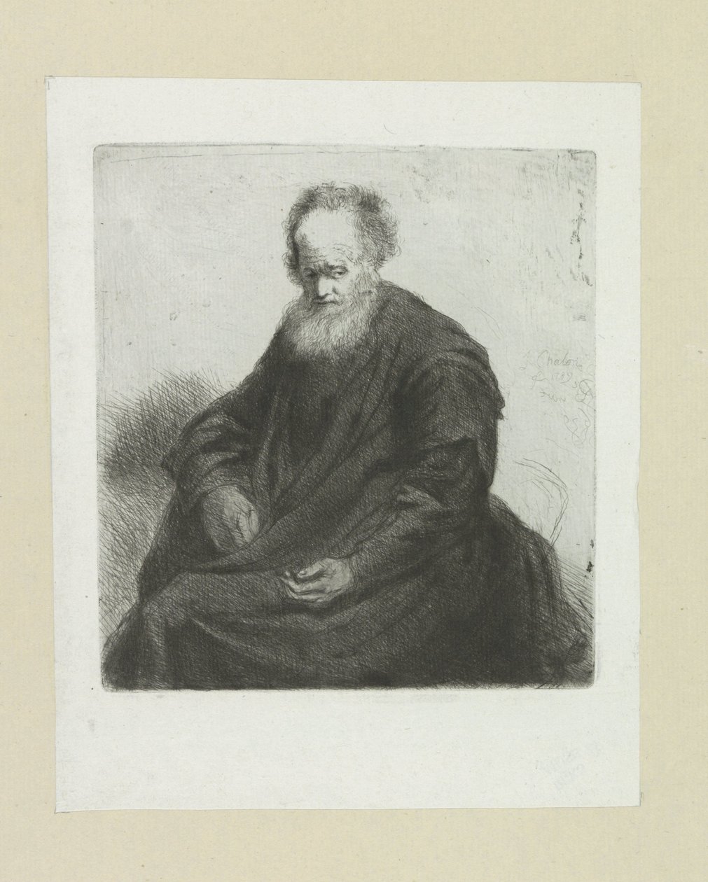 Zittende oude man met lange frakk The Compleat Work of Etchings av John Chalon / Oeuvre Complette des Eaux Fortes av Jean Chalon (serietittel) av Jan Chalon