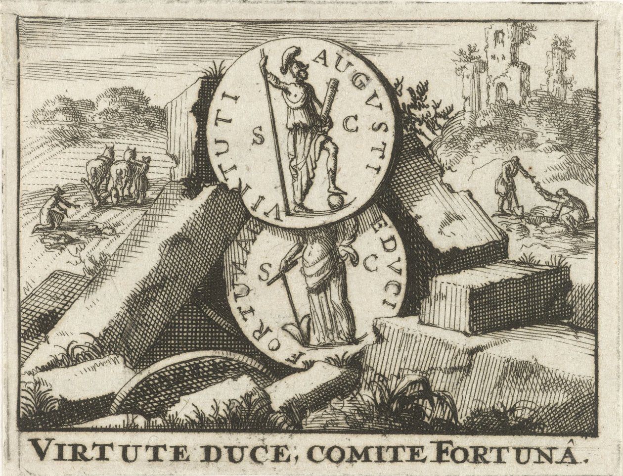 Romerske mynter lener seg på en haug med steiner Virtute Duce, Committee Fortuna (tittel på objekt) av Jan Claesz ten Hoorn