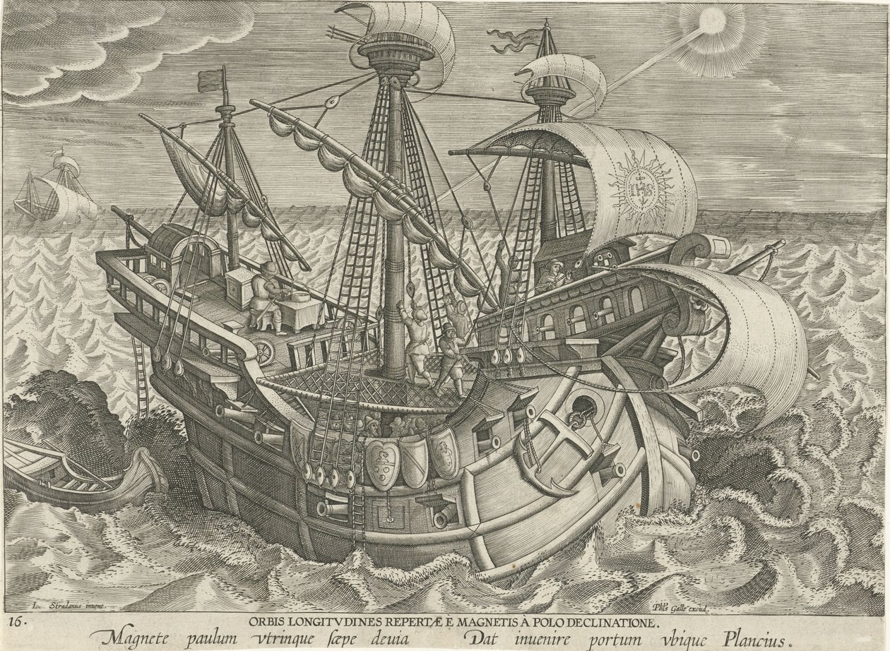 Bestemme lengdegrad ved hjelp av et kompass Orbis longitvdines repertae magnetis a polo declinatione (tittel på objekt) Nye oppfinnelser og oppdagelser (serietittel) Nova Reperta (serietittel) av Jan Collaert (II) (attributed to)
