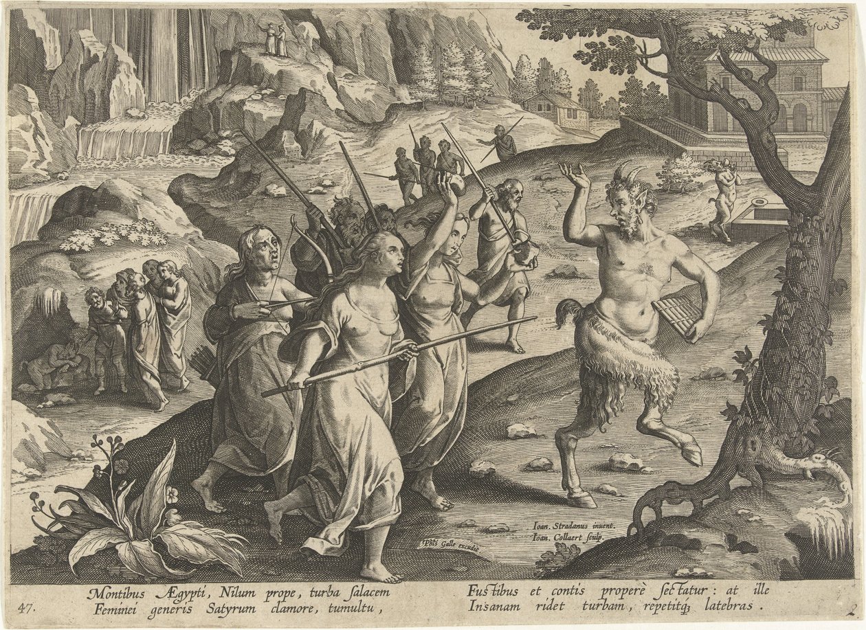Vrouwen verjagen een sater Jachttaferelen (serietittel) Jakten på vilt, fugl og fisk i Bestiary (serietittel) av Jan Collaert (II)