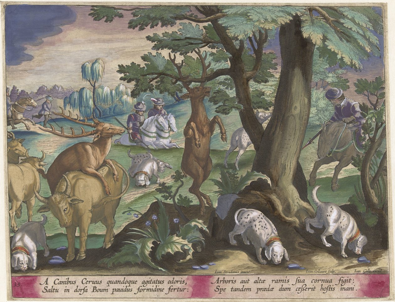 Hertenjacht met honden Jachttaferelen (serietittel) Jakten på vilt, fugl og fisk i Bestiary (serietittel) av Jan Collaert