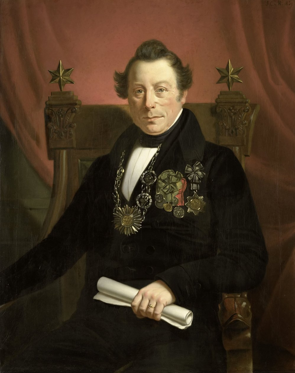 Portrett av Coenraad van Hulst, skuespiller, som president for det kunstfremmende selskapet VW i Amsterdam (så oppkalt etter grunnleggerne Casper Vreedenberg og Jan van Well) av Jan Cornelis van Rossum