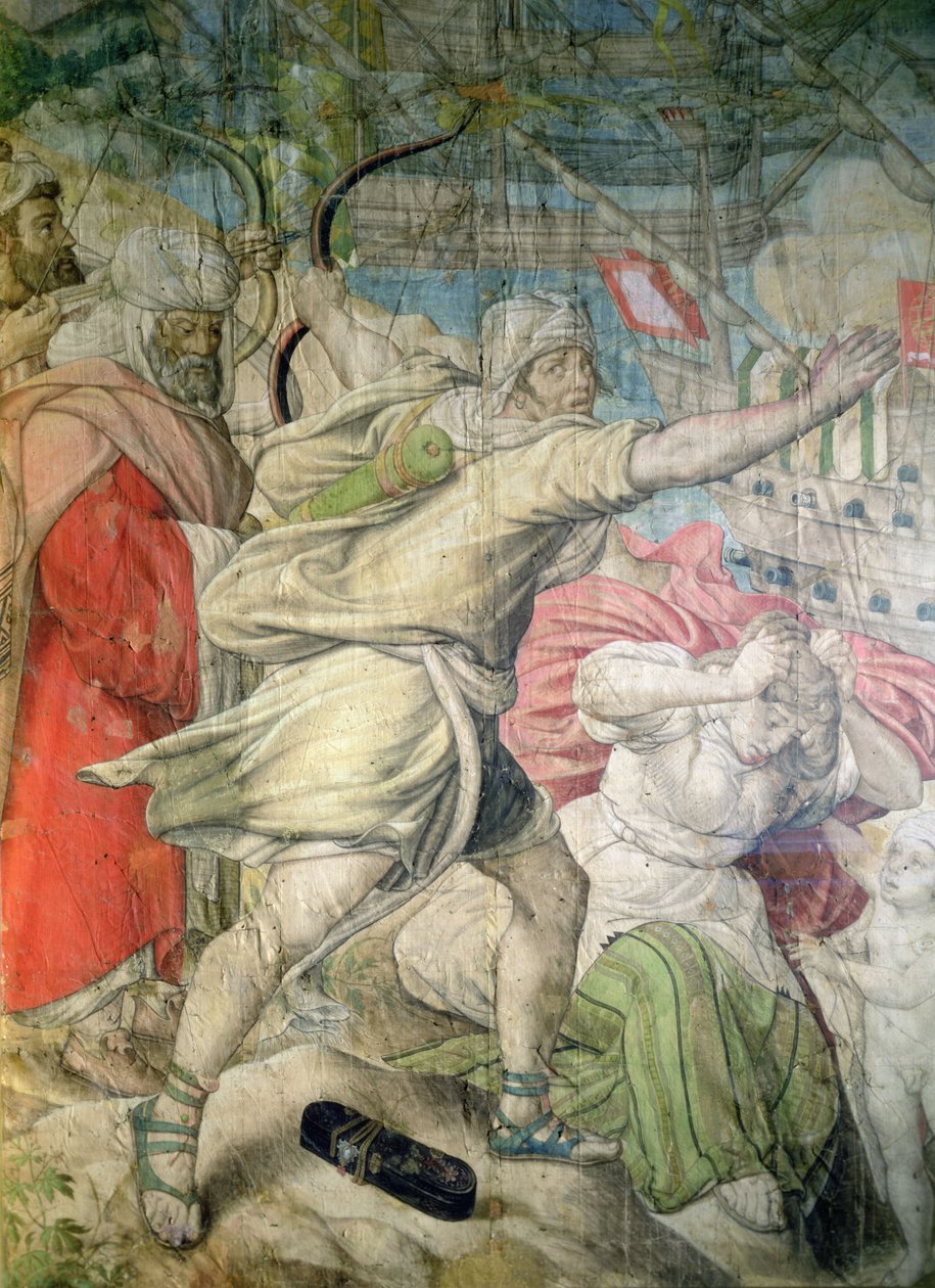 Kampanje av Charles V mot tyrkerne, detalj av en bueskytter fra The Capture of La Goletta, 1535 (kull og wc på papir) av Jan Cornelisz Vermeyen